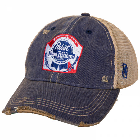 Pabst Blue Ribbon Logo Distressed Denim Trucker Hat